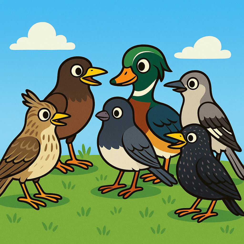A group of cartoon birds on a grassy field under a blue sky with a few clouds.