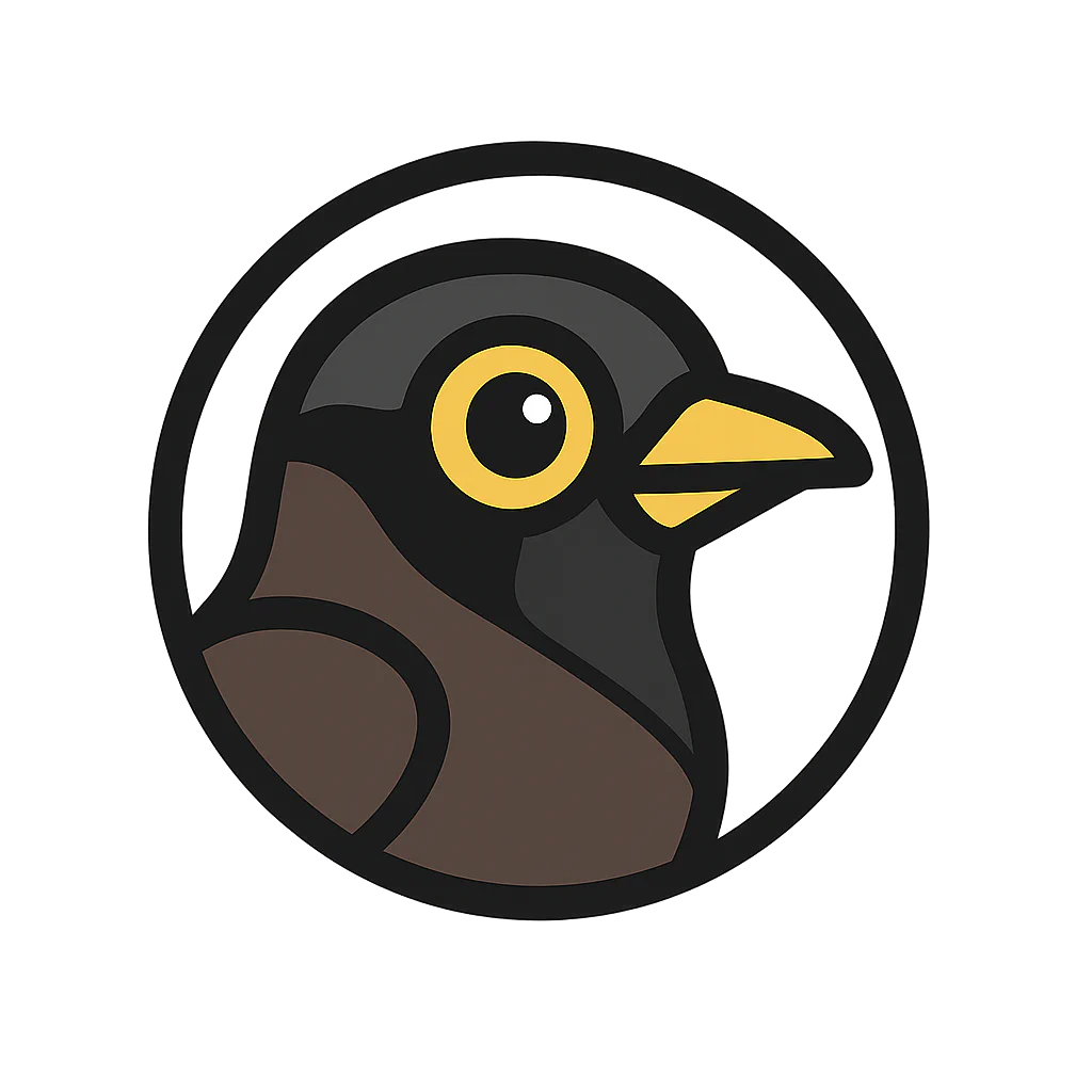 A stylized, cartoon-like illustration of a myna bird within a circular frame, featuring bold outlines and simple color blocks in black, yellow, brown, and white.