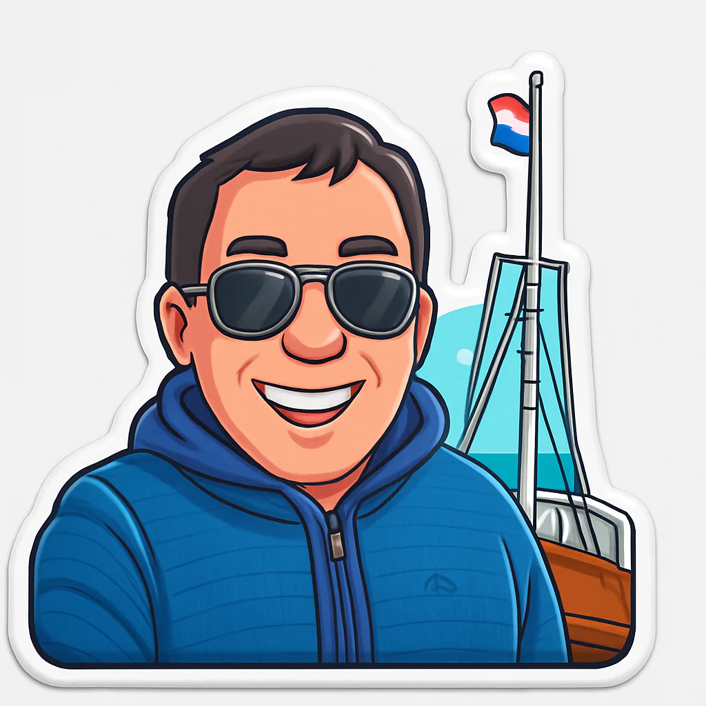 A cartoon-style sticker of a smiling man wearing sunglasses and a blue hoodie, taking a selfie on a sailboat adventure. The sailboat with a Dutch flag is visible in the background.