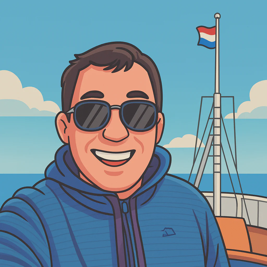 A cartoon-style selfie of a man wearing sunglasses and a blue jacket, smiling on a boat with the sea and a flag in the background.