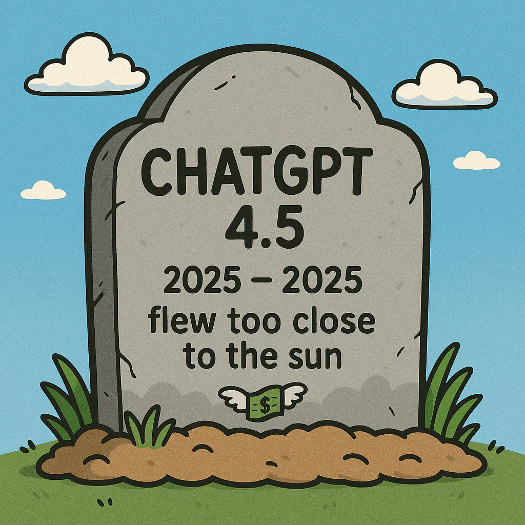 A cartoon-style tombstone with the text "CHATGPT 4.5, 2025-2025, flew too close to the sun" and a small flying dollar bill with wings at the bottom, set outdoors with a blue sky, clouds, dirt, and grass around.