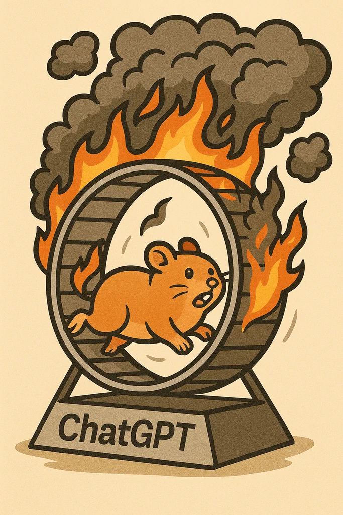 A hamster is inside a burning barrel labeled "ChatGPT."