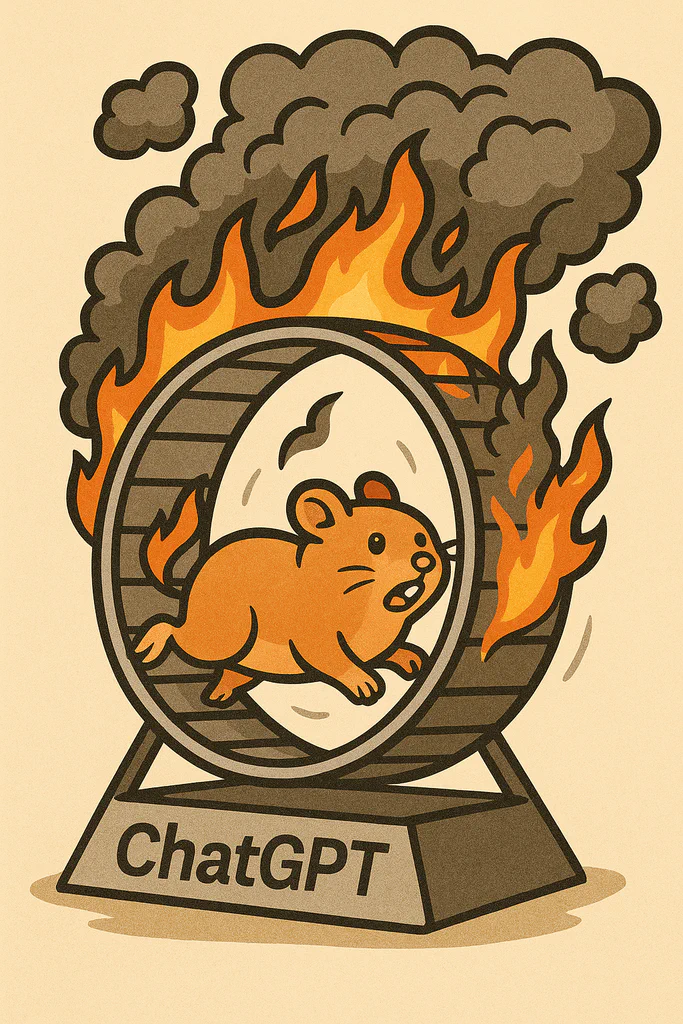 A hamster is inside a burning barrel labeled "ChatGPT."