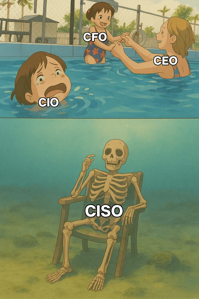 A skeleton person sitting in a chair underwater, with "CISO" labeled on them, and a scene above of a pool where a child labeled "CFO" is playing with a woman labeled "CEO," while another child labeled "CIO" is crying.