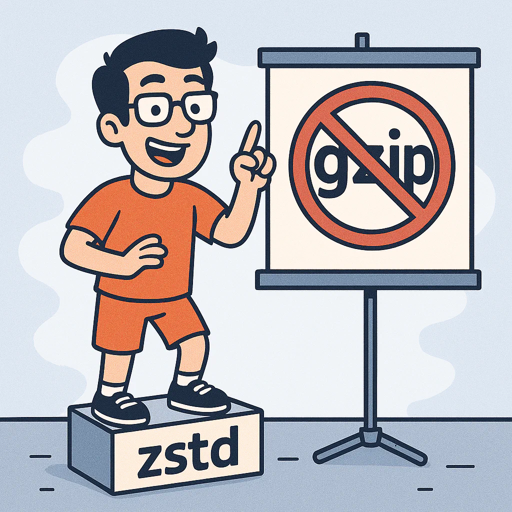 A cartoon person standing on a box labeled "zstd" is gesturing and pointing to a sign with a "No Gzip" symbol.