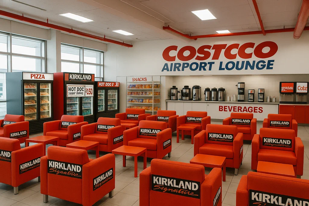 Costco-themed airport lounge with red Kirkland Signature chairs, pizza, hot dog, and snack coolers, and a beverage station.