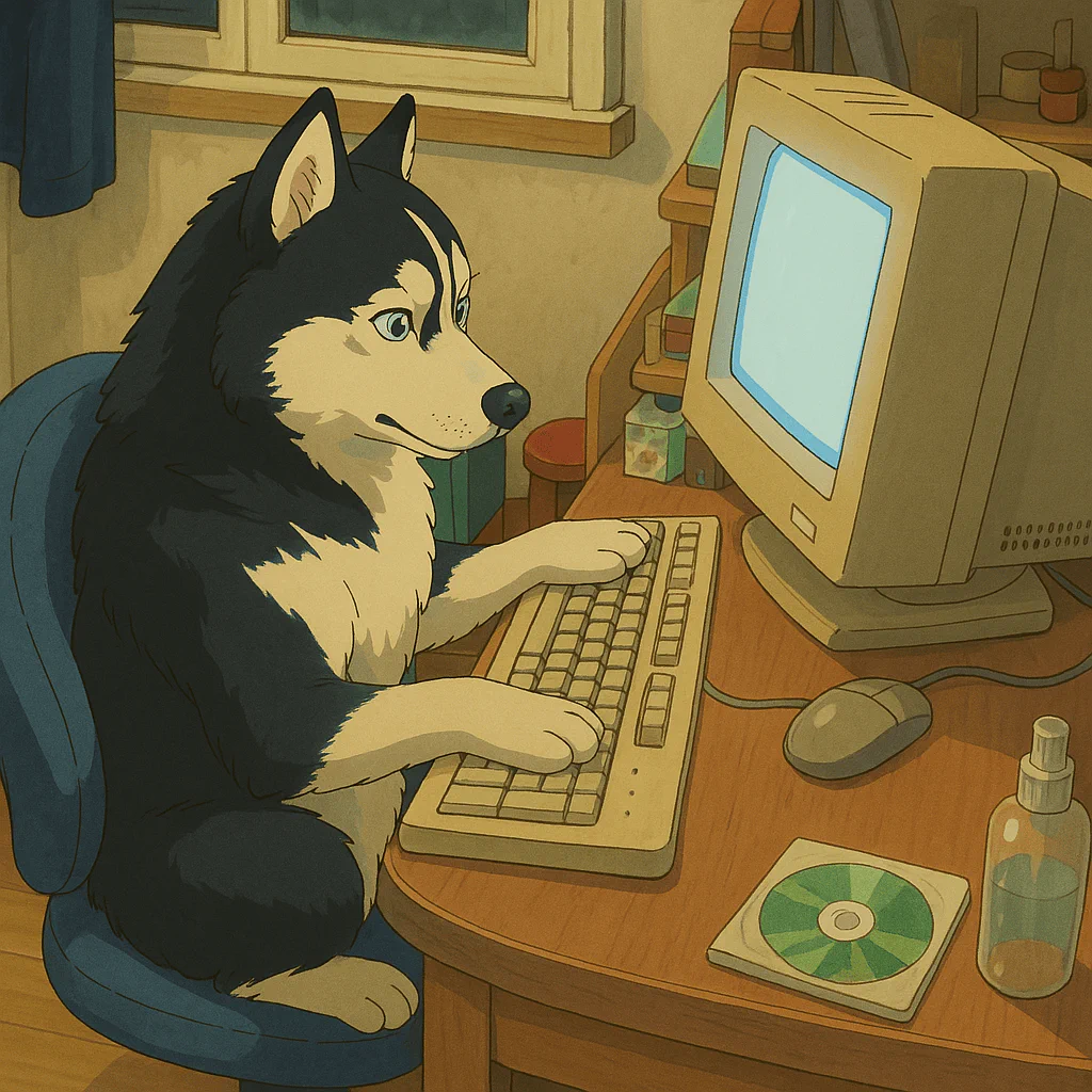 A cartoon-style illustration of a husky dog sitting on a chair at a desk, using a computer with a keyboard and mouse, with a CD and a spray bottle on the desk.