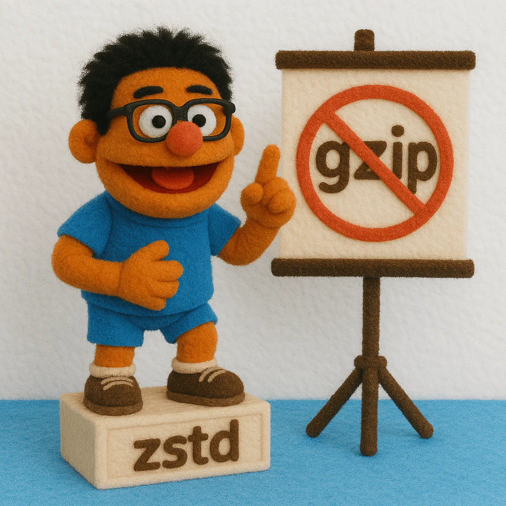 A felt puppet character with glasses, a blue shirt, and shorts, standing on a wooden block labeled "zstd," pointing upwards near a sign that shows a crossed-out "gzip."