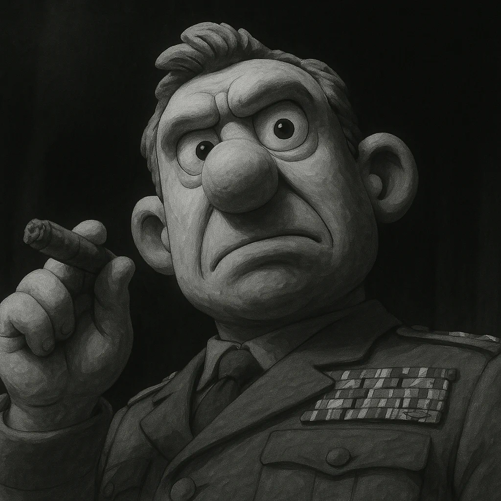 A black-and-white caricature of a stern-looking military officer with exaggerated facial features, holding a cigar in one hand, wearing a decorated uniform with medals.