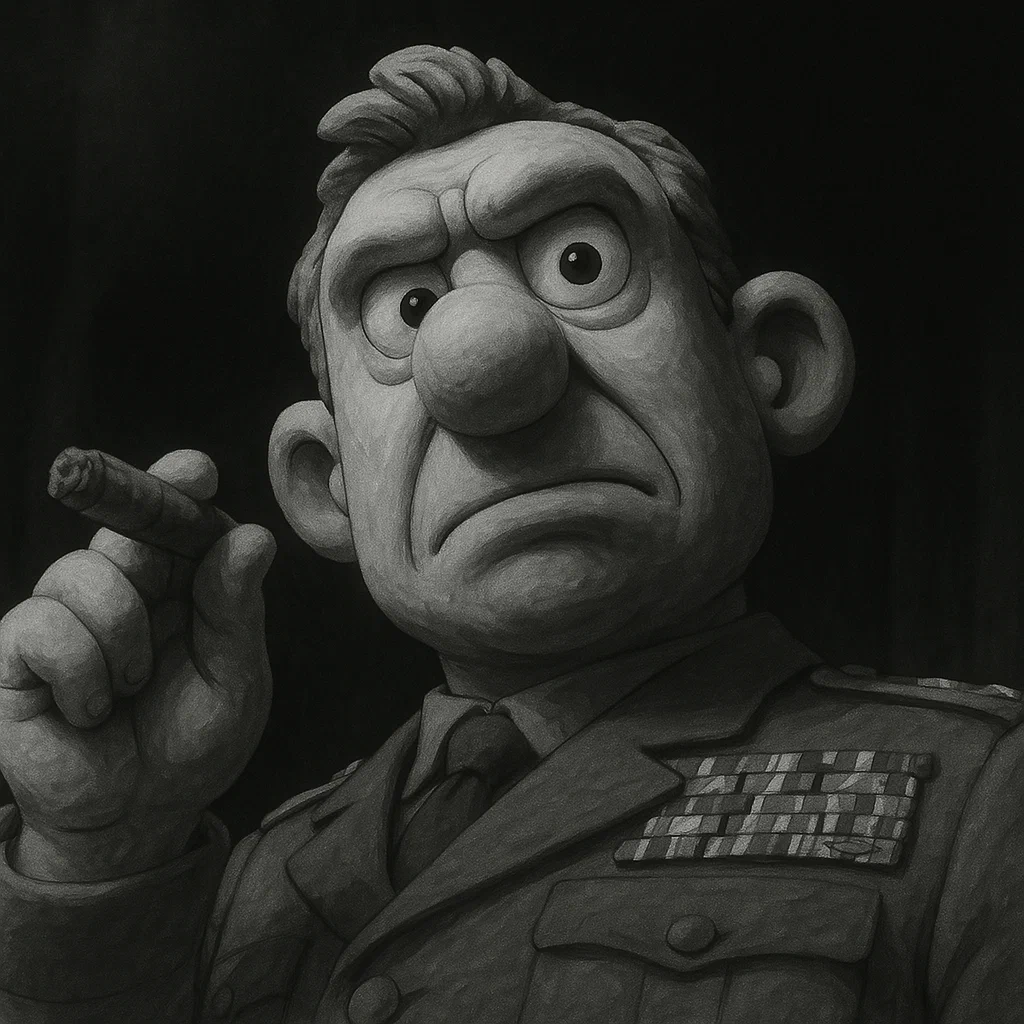 A black-and-white caricature of a stern-looking military officer with exaggerated facial features, holding a cigar in one hand, wearing a decorated uniform with medals.