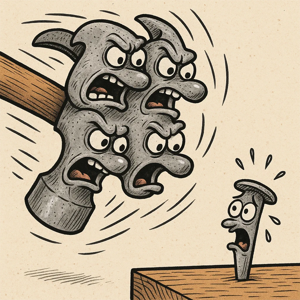 Illustration of an angry hammer with four faces approaching a scared nail stuck in wood.