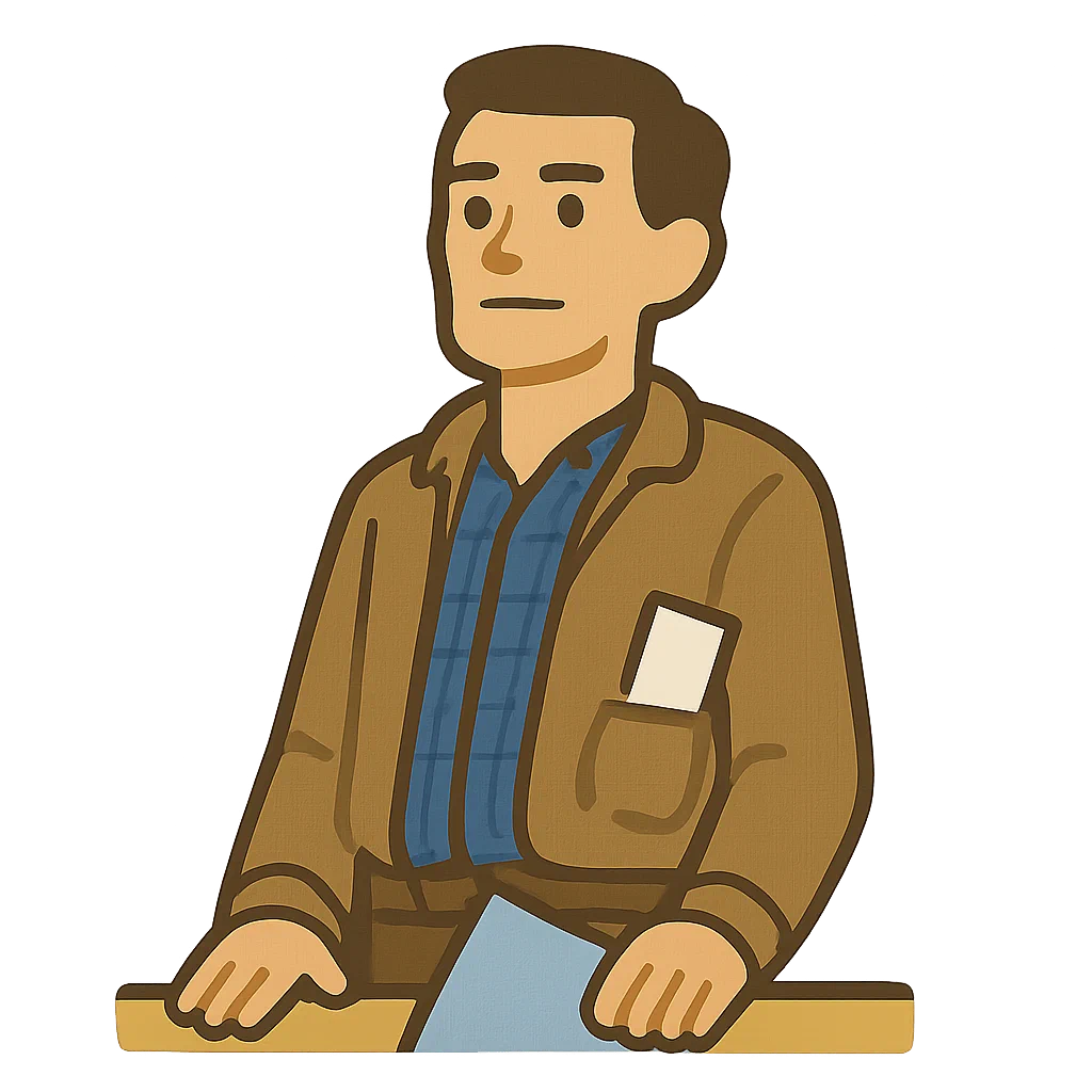 A cartoon man with dark hair, wearing a brown jacket with a pocket containing a white card, standing behind a desk with a blue paper.