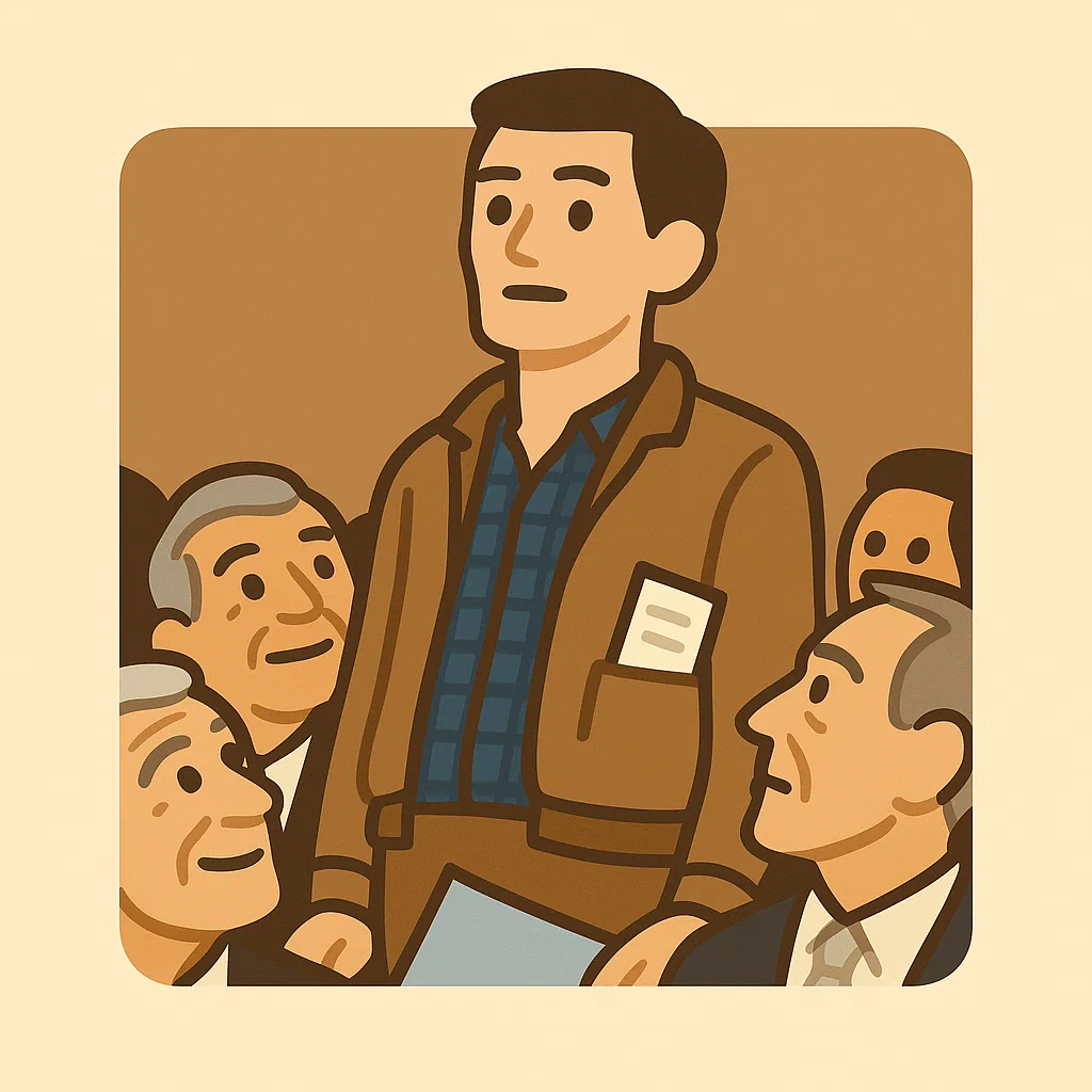 A young man standing and speaking to a group of older people seated around him in an indoor setting.