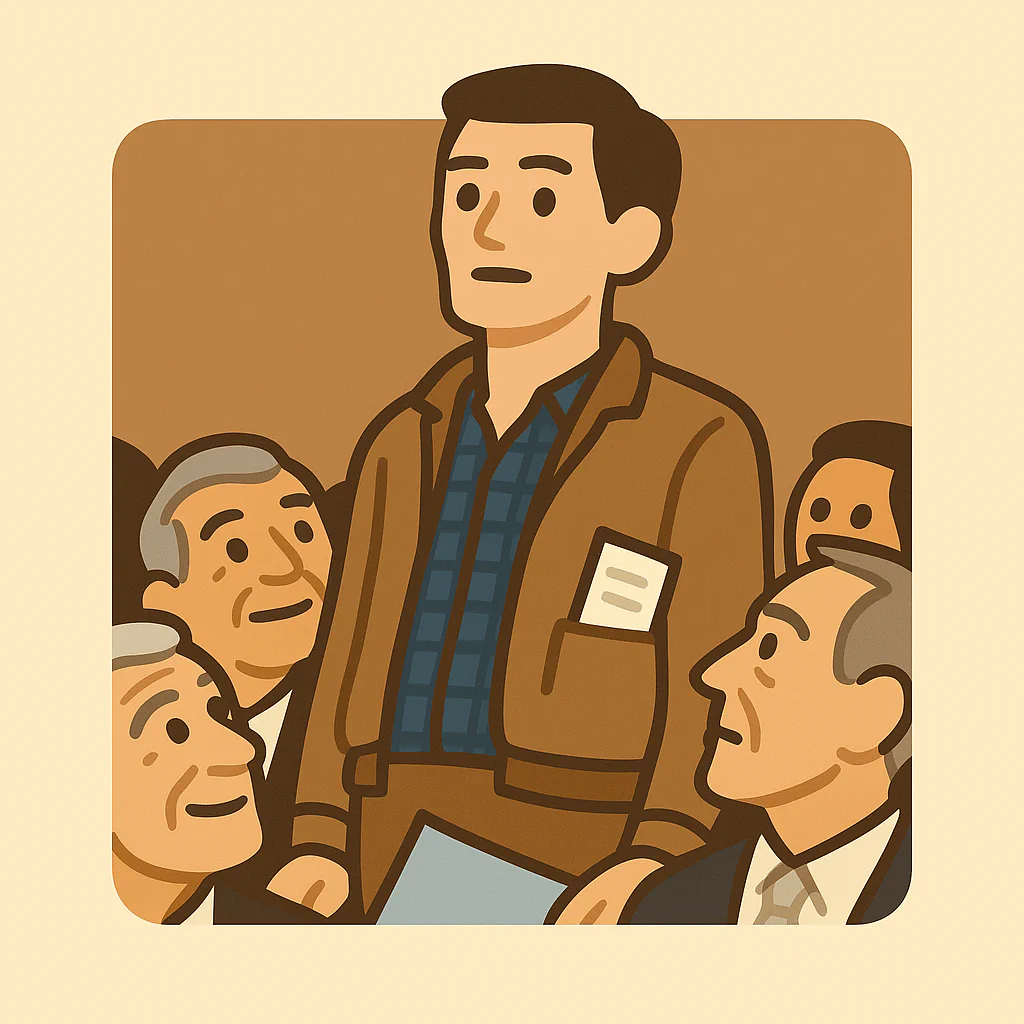 A young man standing and speaking to a group of older people seated around him in an indoor setting.