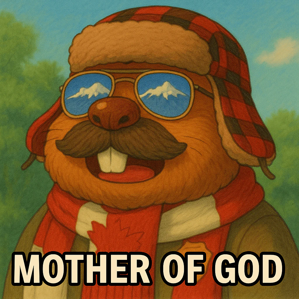 A cartoon beaver wearing a red and black checkered hat with ear flaps, sunglasses reflecting snowy mountains, a large mustache, a red scarf with a maple leaf, and a badge, with the caption "MOTHER OF GOD".