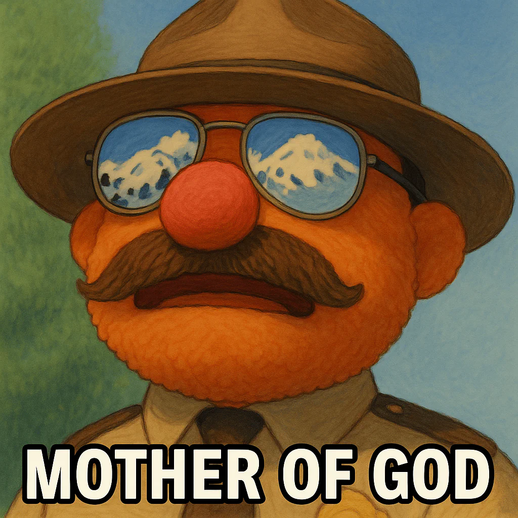 A cartoon illustration of a man with sunglasses reflecting snowy mountain peaks, a large red nose, a mustache, and a broad-brimmed hat. He is dressed in a military uniform, and the image includes the caption "MOTHER OF GOD" at the bottom.