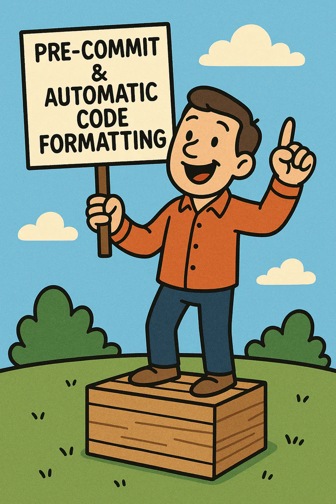 A cartoon man standing on a wooden box outdoors, holding a sign that reads "Pre-commit & Automatic Code Formatting" and pointing upward with his finger, smiling under a blue sky with clouds.