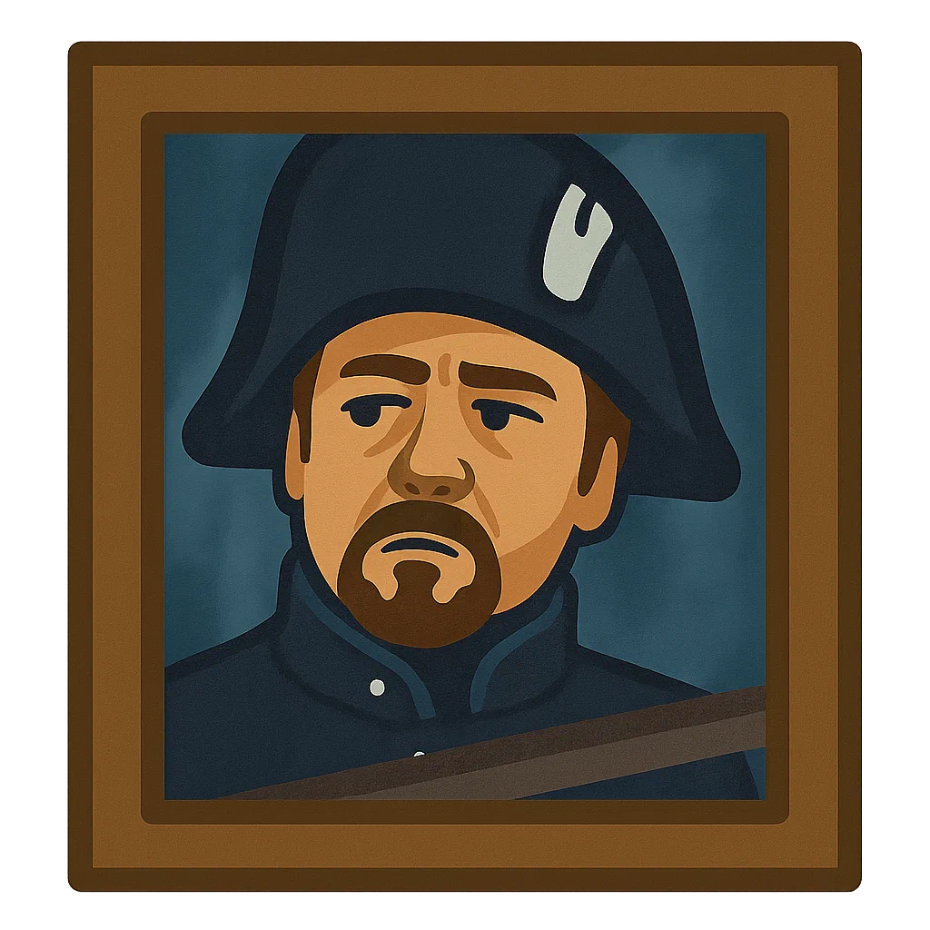 A stylized portrait of a man dressed as Napoleon Bonaparte, wearing a bicorne hat and dark uniform, in a brown frame.