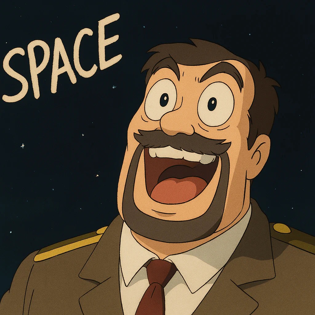 A animated character of a man in a military uniform, smiling widely with an open mouth, has a beard, mustache, and brown hair, set against a starry night sky. The word "SPACE" is written in large letters in the background.