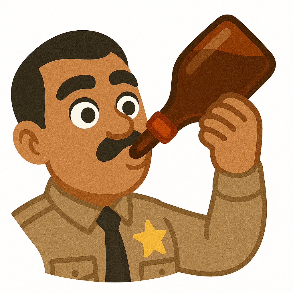 A cartoon police officer with a mustache holding a paddle to his mouth as if blowing a horn.