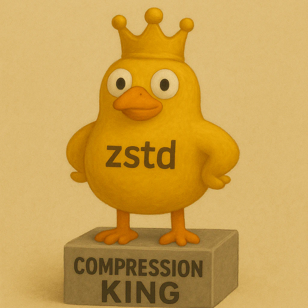 A cartoon duck wearing a crown with "zstd" on its chest, standing on a block labeled "COMPRESSION KING".