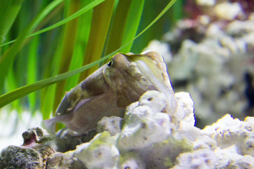 A fish resting on coral with green aquatic plants in the background at Monterey Bay Aquarium.