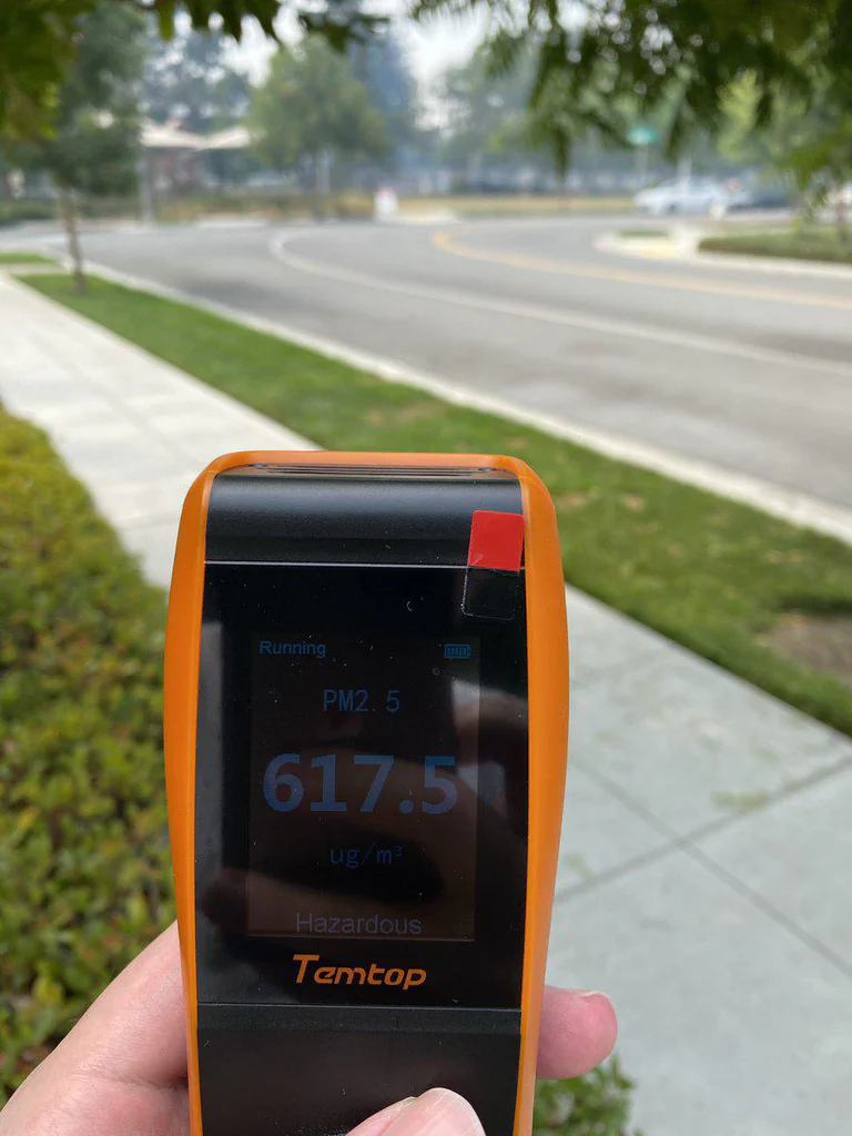 A hand holding a portable air quality meter displaying a PM2.5 reading of 617.5 µg/m³ outdoors on a sidewalk with trees and a curved street in the background.