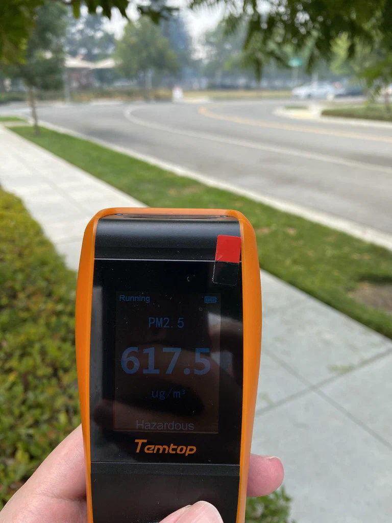 A hand holding a portable air quality meter displaying a PM2.5 reading of 617.5 µg/m³ outdoors on a sidewalk with trees and a curved street in the background.
