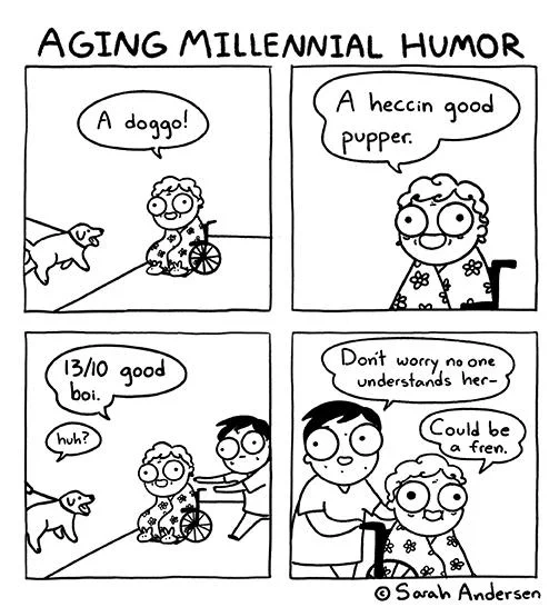 A comic strip titled "Aging Millennial Humor" showing a young girl in a wheelchair interacting with her family and dog, with humorous comments about her age.