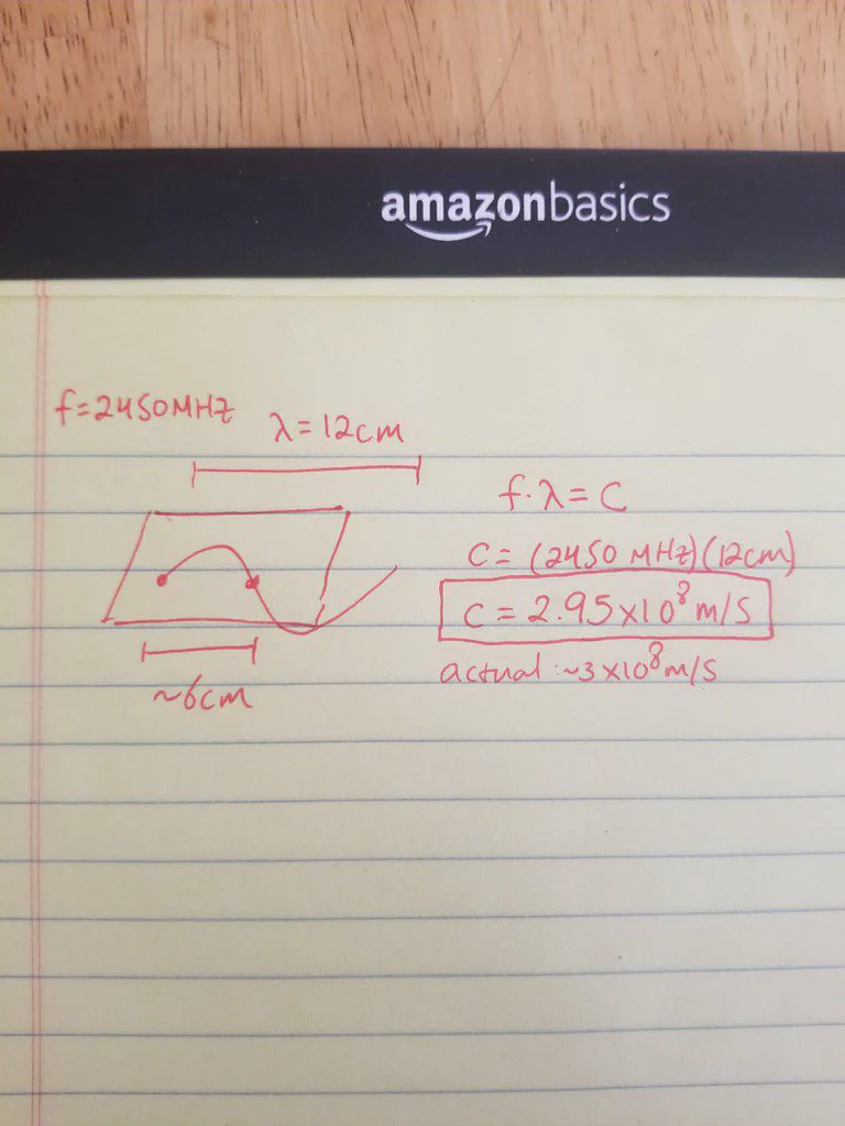 A page of handwritten physics notes with calculations related to wave speed, showing the frequency, wavelength, and speed of a wave, along with a diagram illustrating the wave pattern.