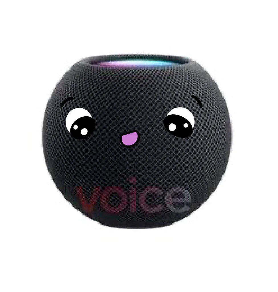 A smart speaker with a cartoonish, cute face, featuring large, expressive eyes and a small, smiling mouth.