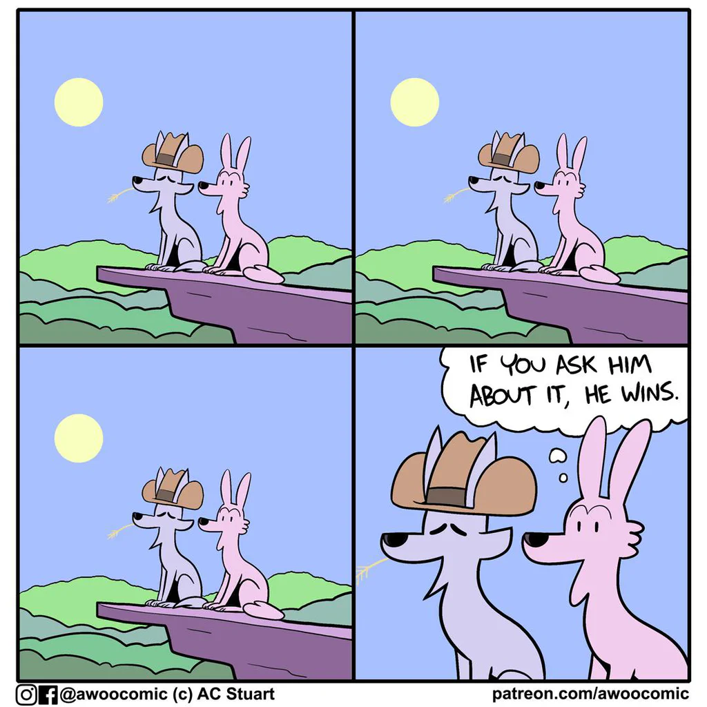 Two cartoon animals, a wolf and a rabbit, sitting together on a cliff under a full moon, with the wolf wearing a cowboy hat. The rabbit comments, "If you ask him about it, he wins."
