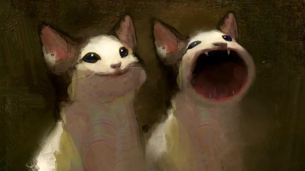Two cats with exaggerated, artistic expressions: one with a calm face and the other with its mouth wide open, showing sharp teeth.