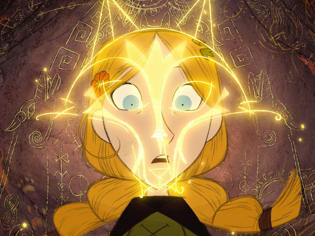 A young girl with braided hair and a flower in her hair looks surprised or in awe as glowing golden magical symbols and lines surround her face, emanating from a box in front of her.