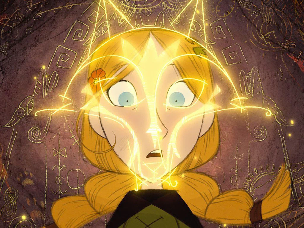 A young girl with braided hair and a flower in her hair looks surprised or in awe as glowing golden magical symbols and lines surround her face, emanating from a box in front of her.
