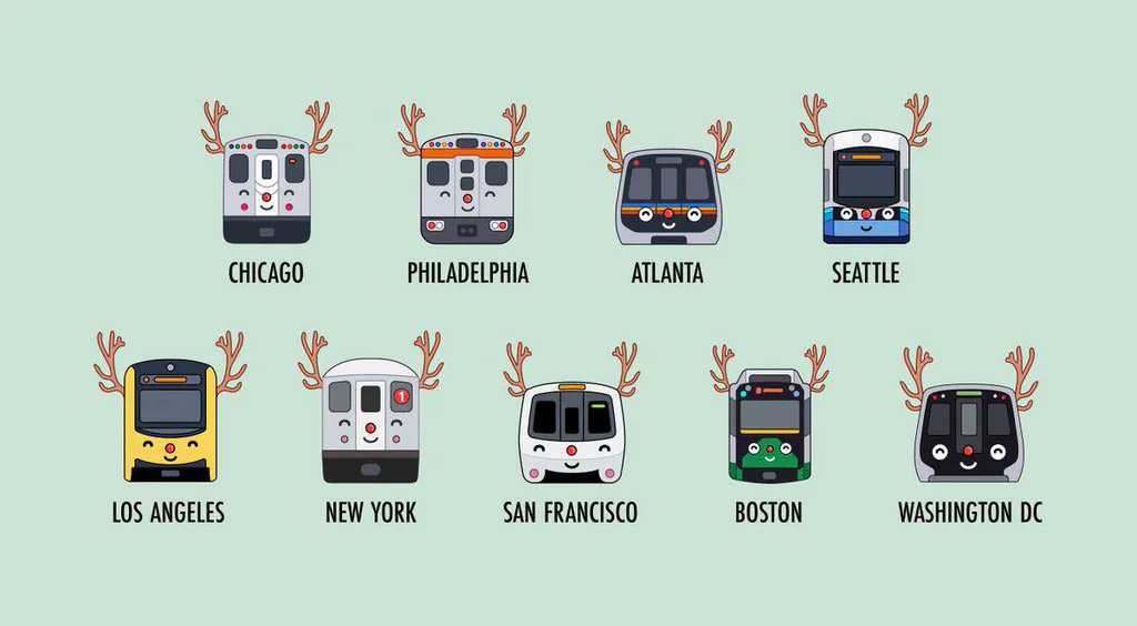 Nine illustrated trains, each with reindeer antlers, representing different cities: Chicago, Philadelphia, Atlanta, Seattle, Los Angeles, New York, San Francisco, Boston, and Washington DC.