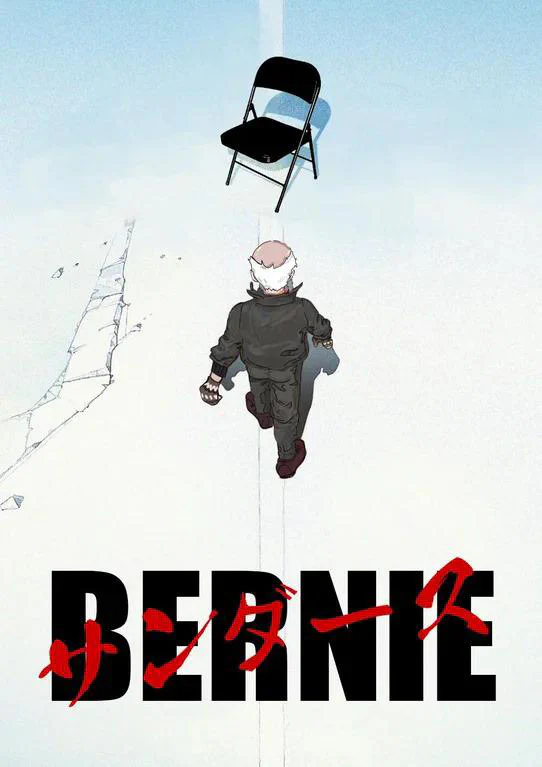 A person walking on cracked ice towards a falling black chair, with the word "BERNIE" written in bold black letters and red graffiti-style markings over it.
