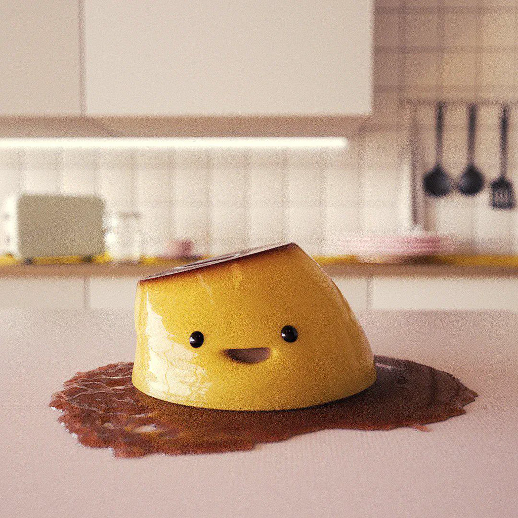 A small yellow dessert with a cute face, sitting on a bed of chocolate sauce in a kitchen setting.