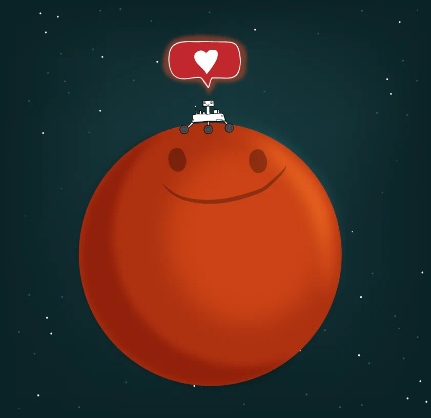 A smiley red planet with a small robot on top, surrounded by stars, with a speech bubble containing a love heart.