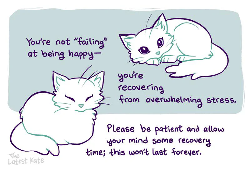 A comforting illustration of two cats with supportive text encouraging patience and recovery from stress.