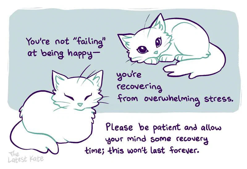 A comforting illustration of two cats with supportive text encouraging patience and recovery from stress.