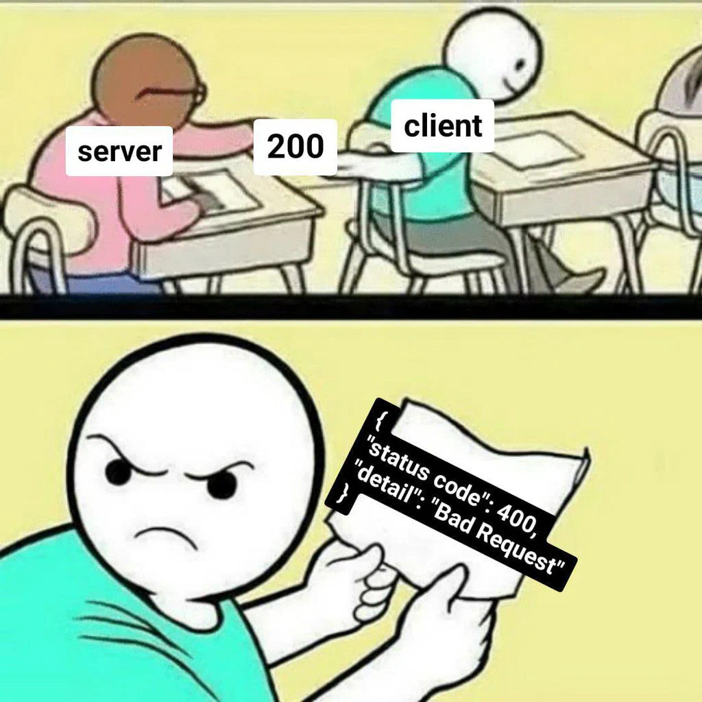 A cartoon illustration showing a client frustrated with a server, holding a paper with error details including "status code: 400" and "detail: Bad Request".