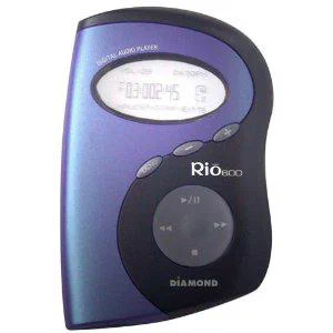 A portable blue and black digital audio player with control buttons and a small display screen.