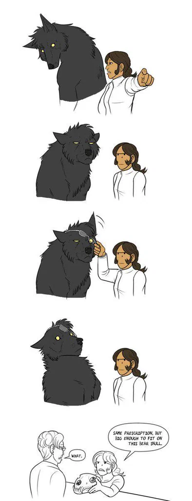 Sequence of images showing a woman and a large, black dog in various stages of eye examination, ending with a humorous comment about the dog's skull size.