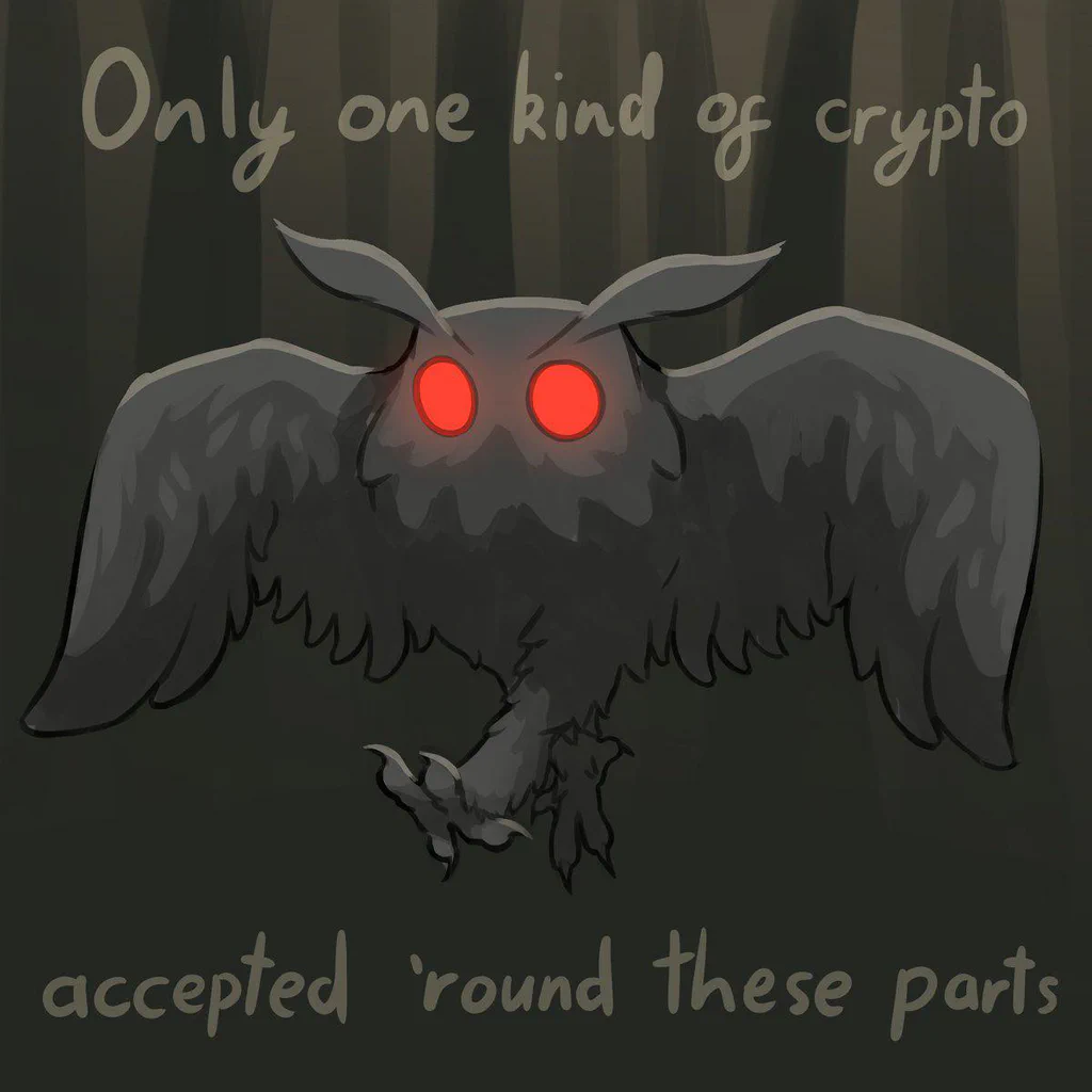 A dark, spooky illustration of a mythical creature with owl's body and glowing red eyes, featuring the text "Only one kind of crypto accepted 'round these parts."