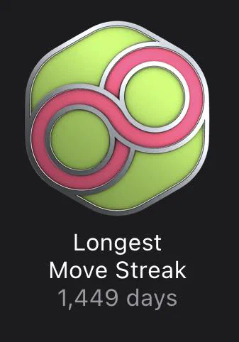 A fitness app notification showing the longest move streak of 1,449 days with a pink and green logo.
