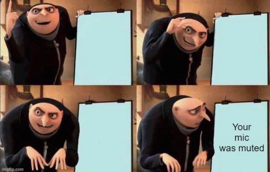 A sequence of four images showing a character from Despicable Me presenting, acting suspiciously, leaning forward, and then looking disappointed with the caption "Your mic was muted."