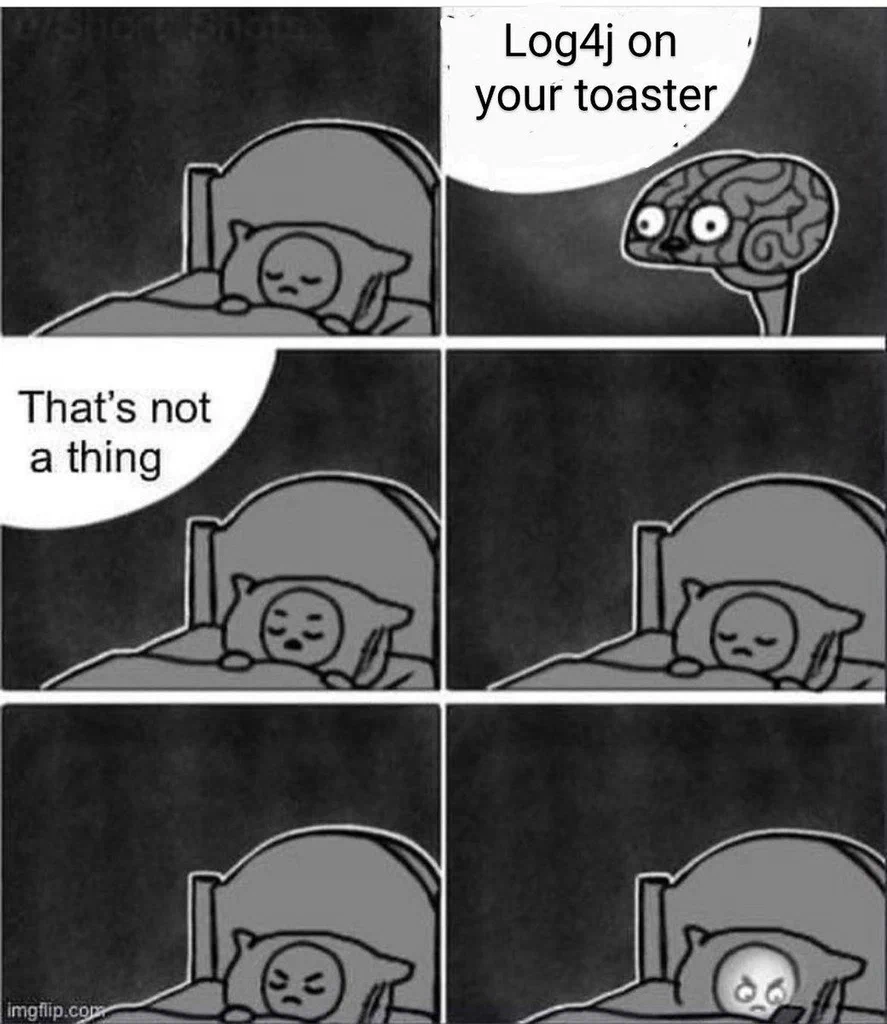 A cartoon dog lying in bed with a computer brain character next to it. The brain character suggests "Log4j on your toaster," leading to the dog's confused reaction.