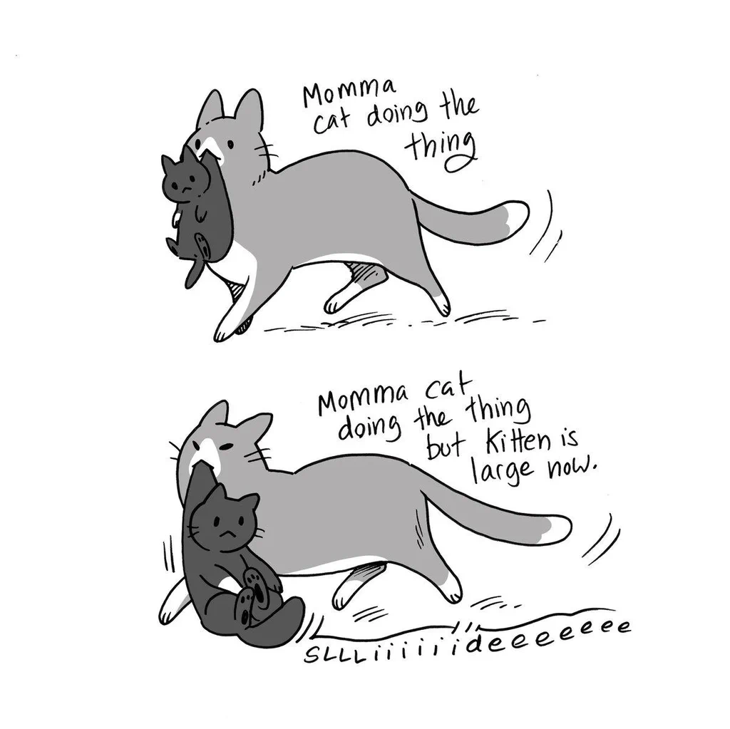 A comic illustration of a larger cat carrying a small kitten, with the larger cat labeled "Momma cat doing the thing" and the kitten labeled "Momma cat doing the thing but kitten is large now."