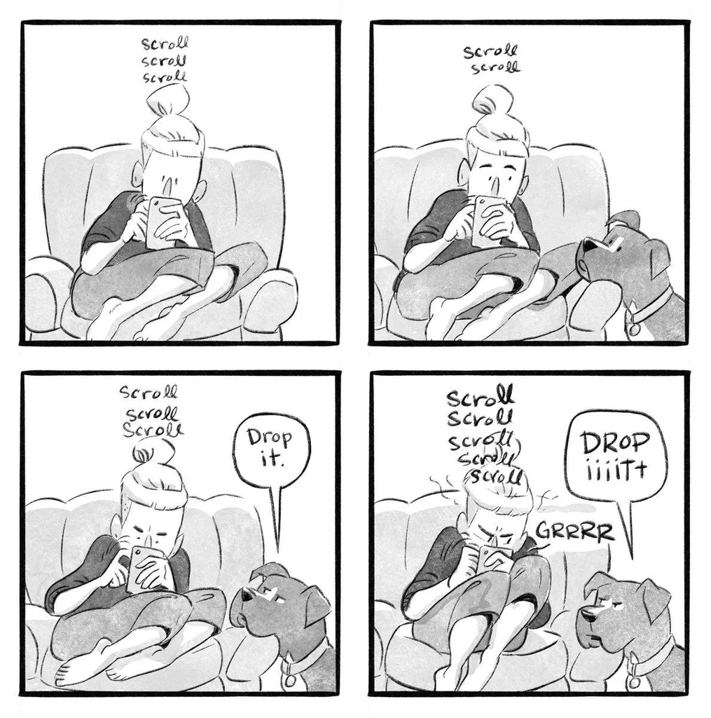 A person sits on a couch using a phone, then drops it after being told to, causing the phone to fall and make a loud noise. A dog reacts with a growl.